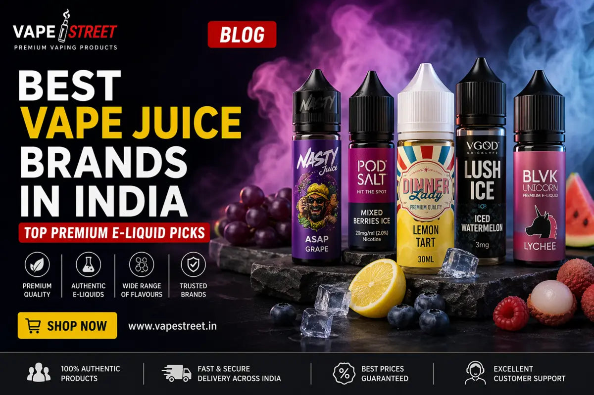 Five colorful vape juice bottles with black caps featuring top flavors in the best vape juice collection by Vape Street.