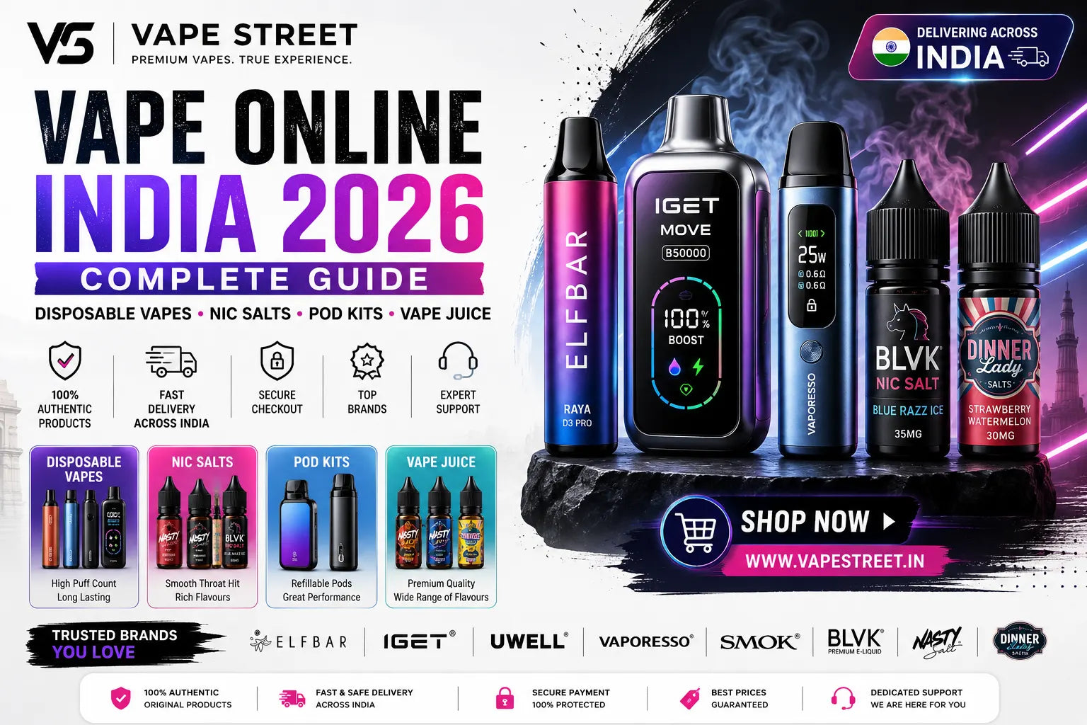 Buy Vape Online India 2026 complete guide featuring disposable vapes nic salts pod kits vape juice and premium vape brands at Vape Street