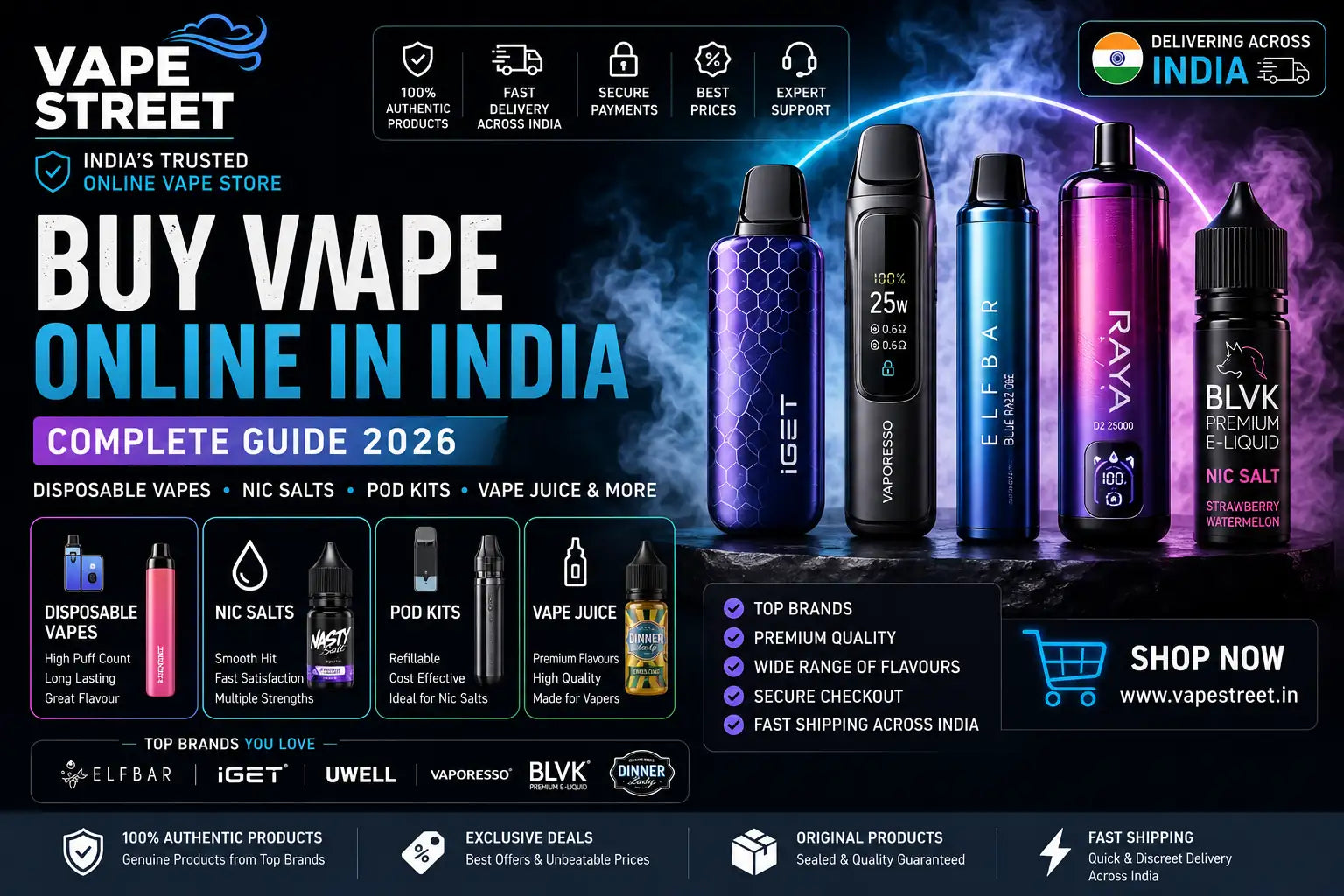 Buy Vape Online India Complete Guide 2026 featuring disposable vapes, nic salts, pod kits, vape juice, premium brands and fast delivery from Vape Street.