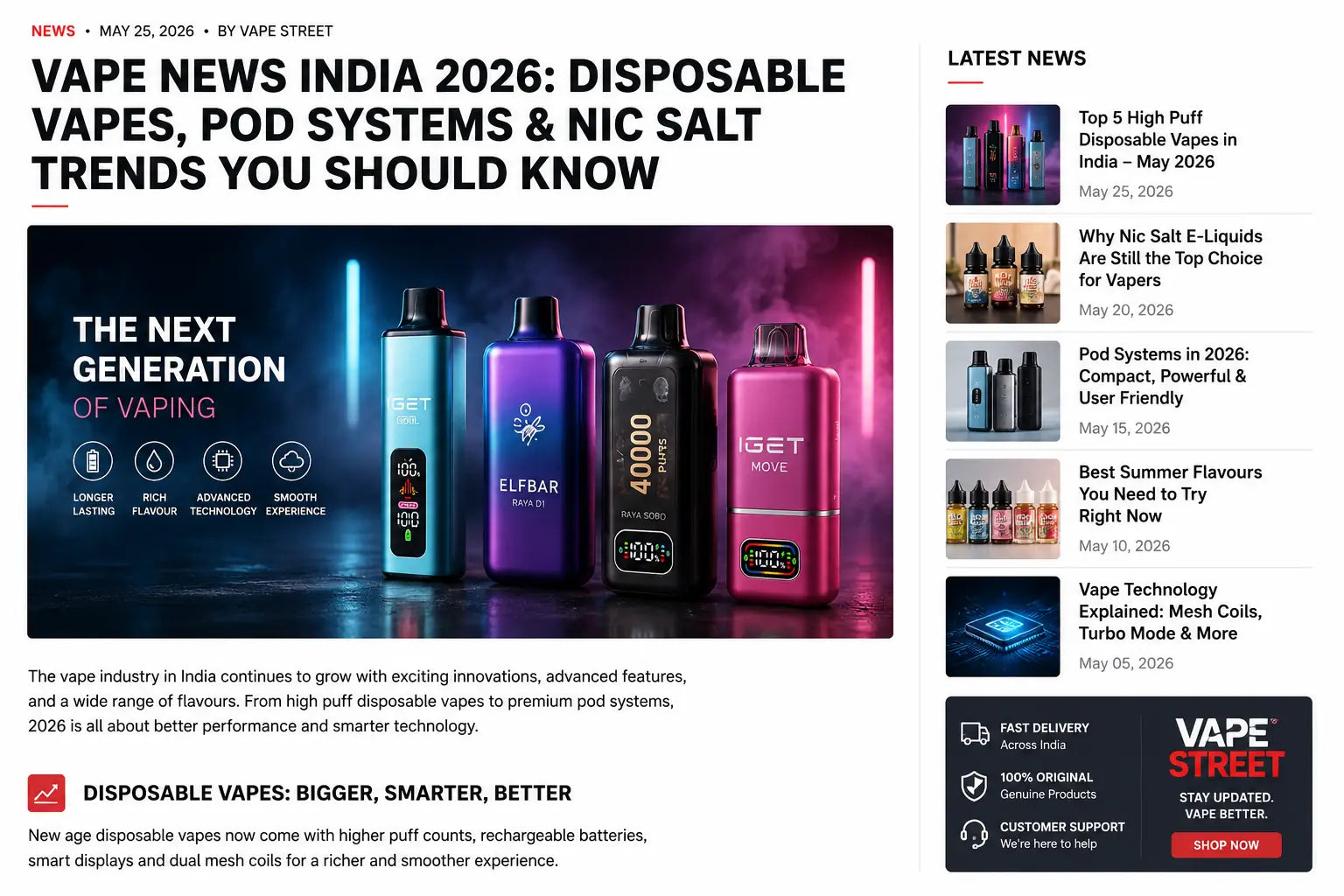 Four sleek disposable vape pens in blue purple black and pink on a dark surface for vape news india 2026 nic salt trends