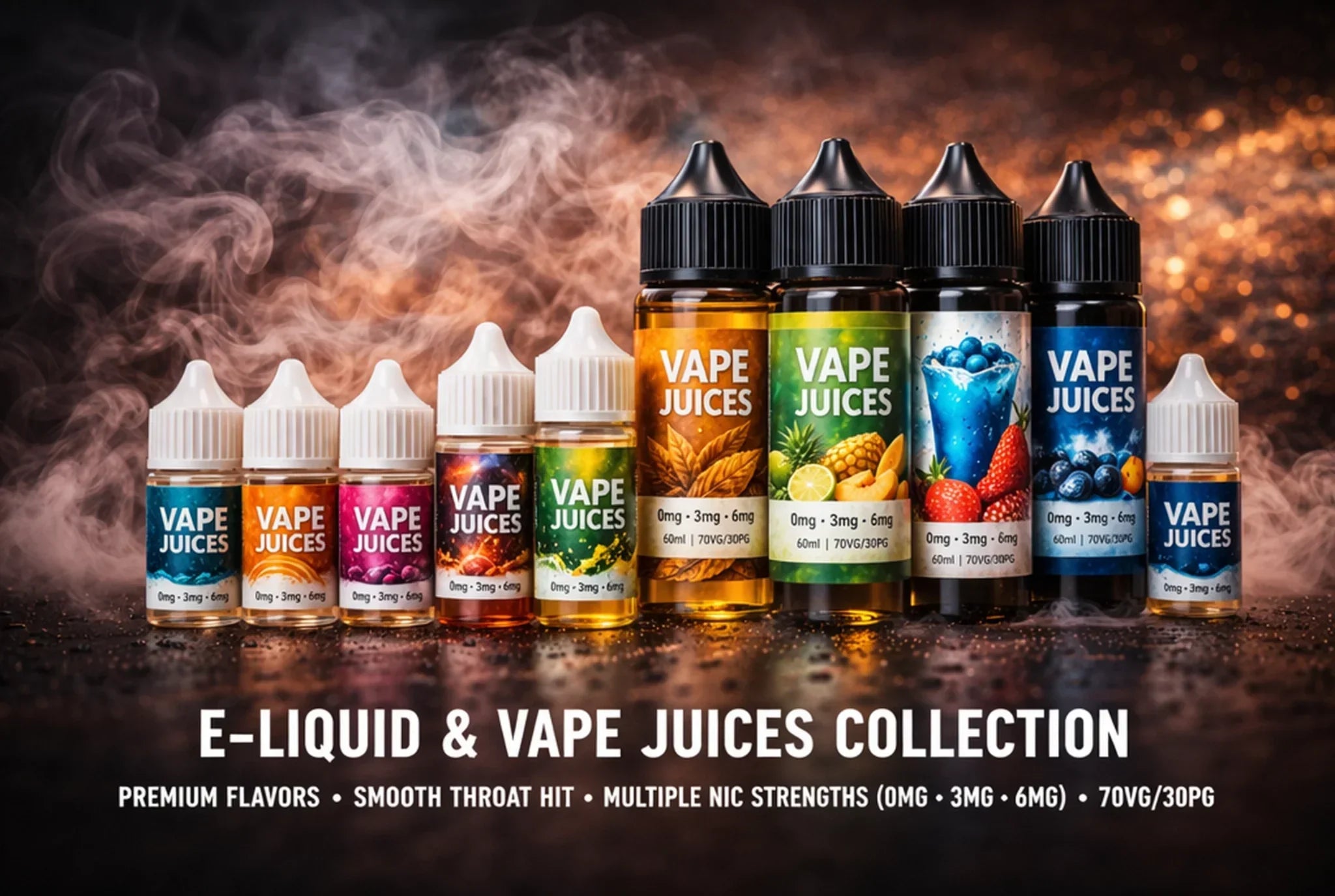 A collection of vape juice bottles in clear glass with black caps in various flavors and colors for e-liquid and juices