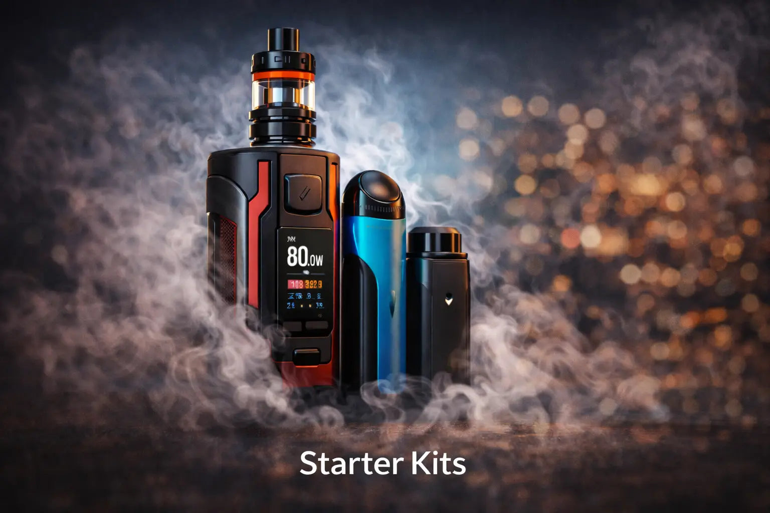 Black and red vape mod with digital display showing 80.0w paired with blue tank and black battery in vape kits collection