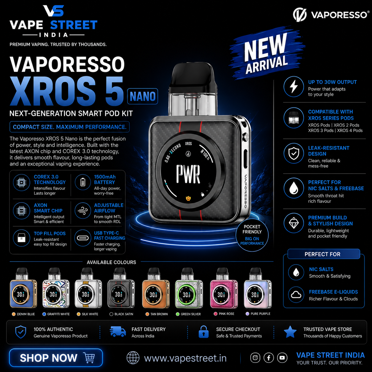 IVG Vaporesso XROS 5 Nano pod kit with sleek design, compact e-cigarette device, and replaceable pod for vaping in India