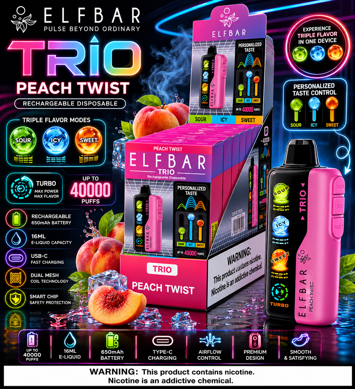 Elf Bar Trio 40000 Puffs disposable vape with three flavor modes, featuring sleek design and compact size for easy vaping.