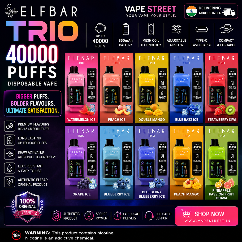 Elf Bar Trio disposable vape with three flavor modes, featuring sleek design and colorful branding, designed for easy use.