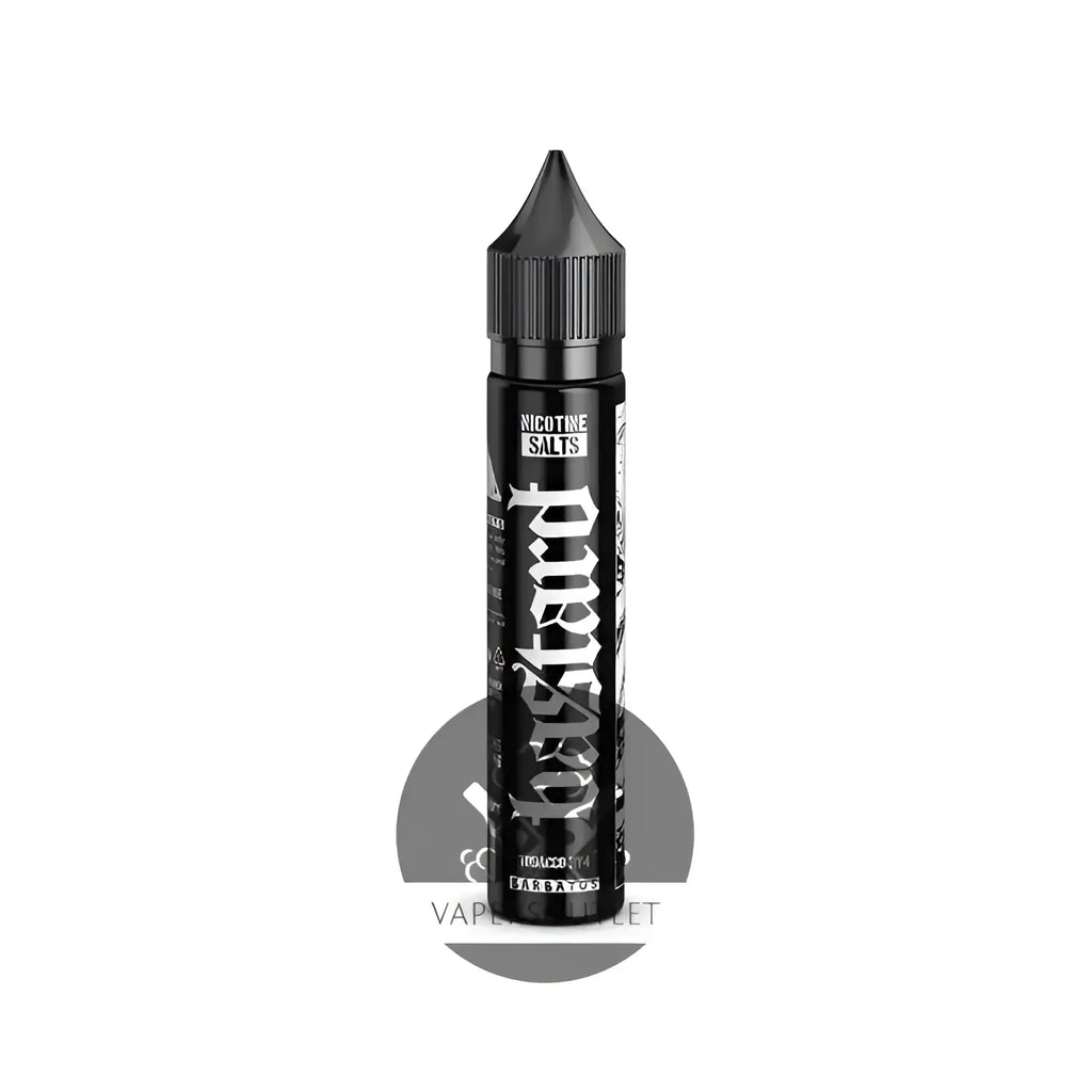 Black cylindrical vape juice bottle with white gothic lettering mustard branded bastard salts barbatos ry4 tobacco nicotine salts