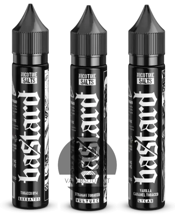 Three black vape juice bottles with white gothic lettering and pointed caps labeled bastard salts barbatos ry4 tobacco nicotine salt