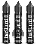 Three black vape juice bottles with white gothic lettering and pointed caps labeled bastard salts barbatos ry4 tobacco nicotine salt