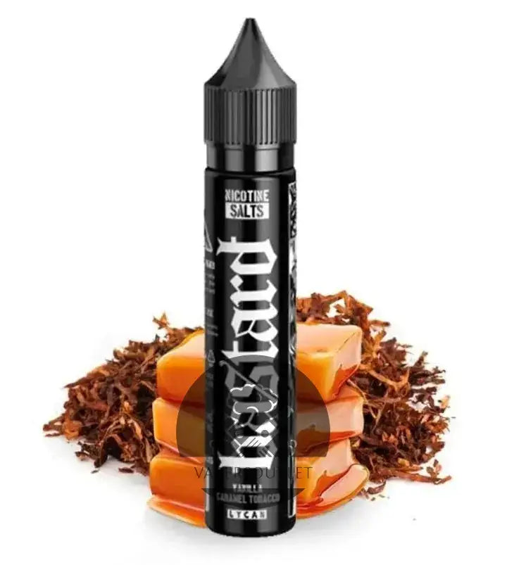 Black cylindrical Bastard Salts Lycan nic salt vape juice bottle labeled vapeland caramel tobacco with candies and leaves
