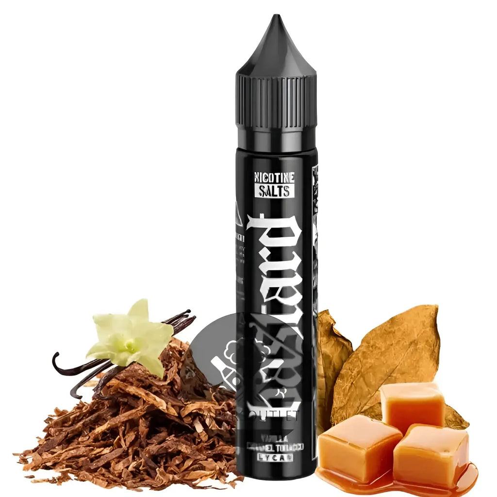 Black cylindrical bastard salts lycan nic salt vape juice bottle with pointed cap featuring vanilla caramel tobacco flavor