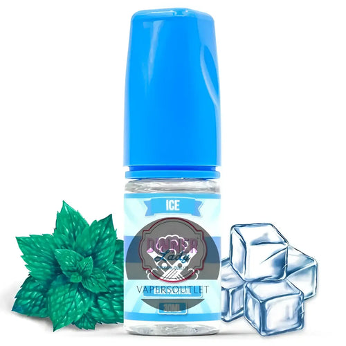 A clear glass bottle of dancer lady blue menthol 30ml with a vibrant blue cap and ice flavor label
