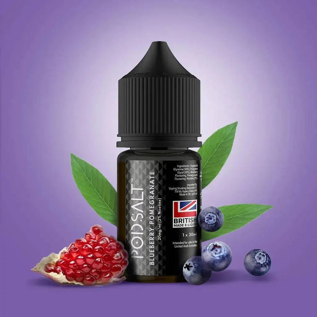 Black glass bottle of pod salt blueberry pomegranate e-liquid with ribbed black cap and british flag silver label in 20mg 25mg 50mg