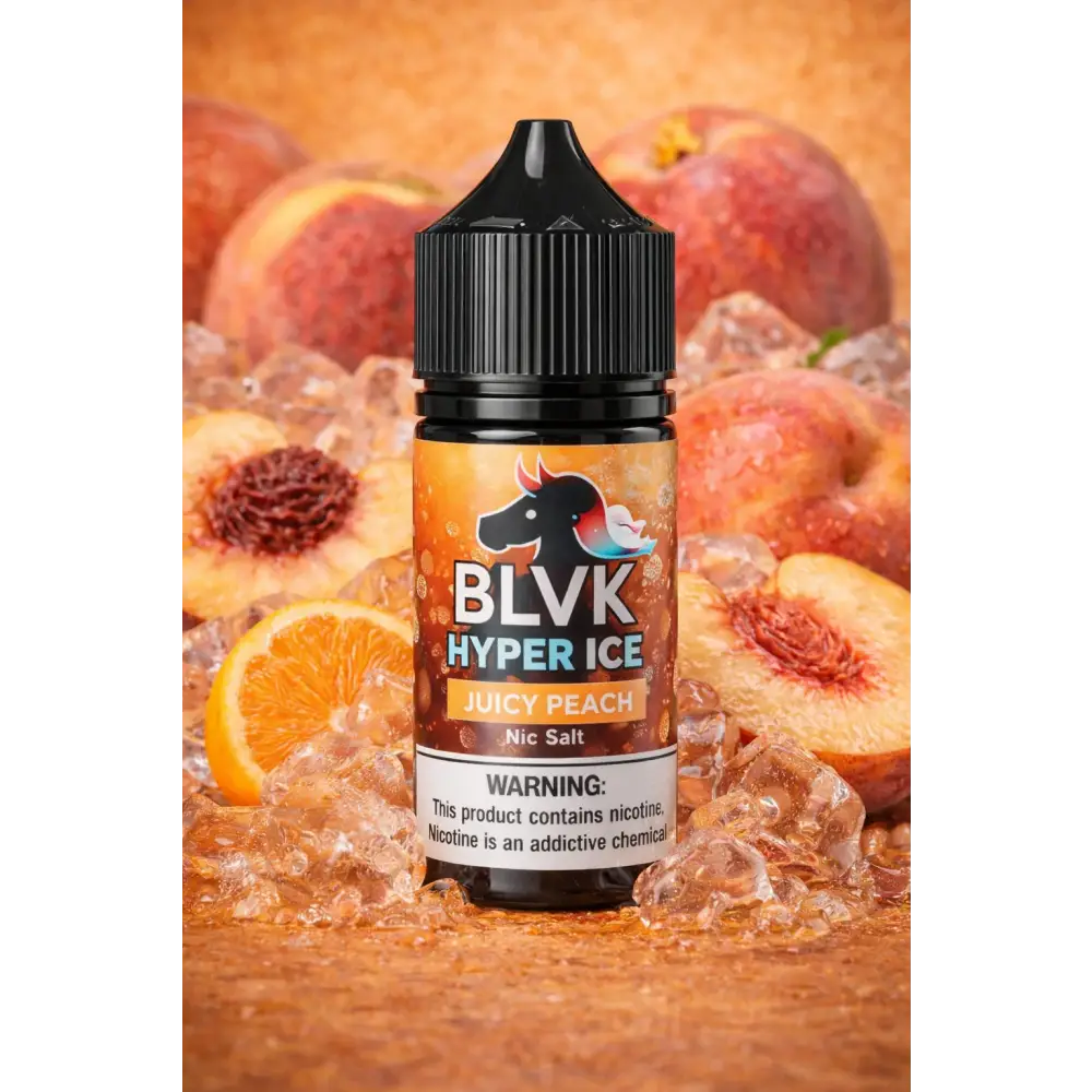 BLVK Hyper Ice Juicy Peach Nic Salt 30ml vape juice bottle with sweet peach and icy menthol flavor for pod systems available at Vape Street