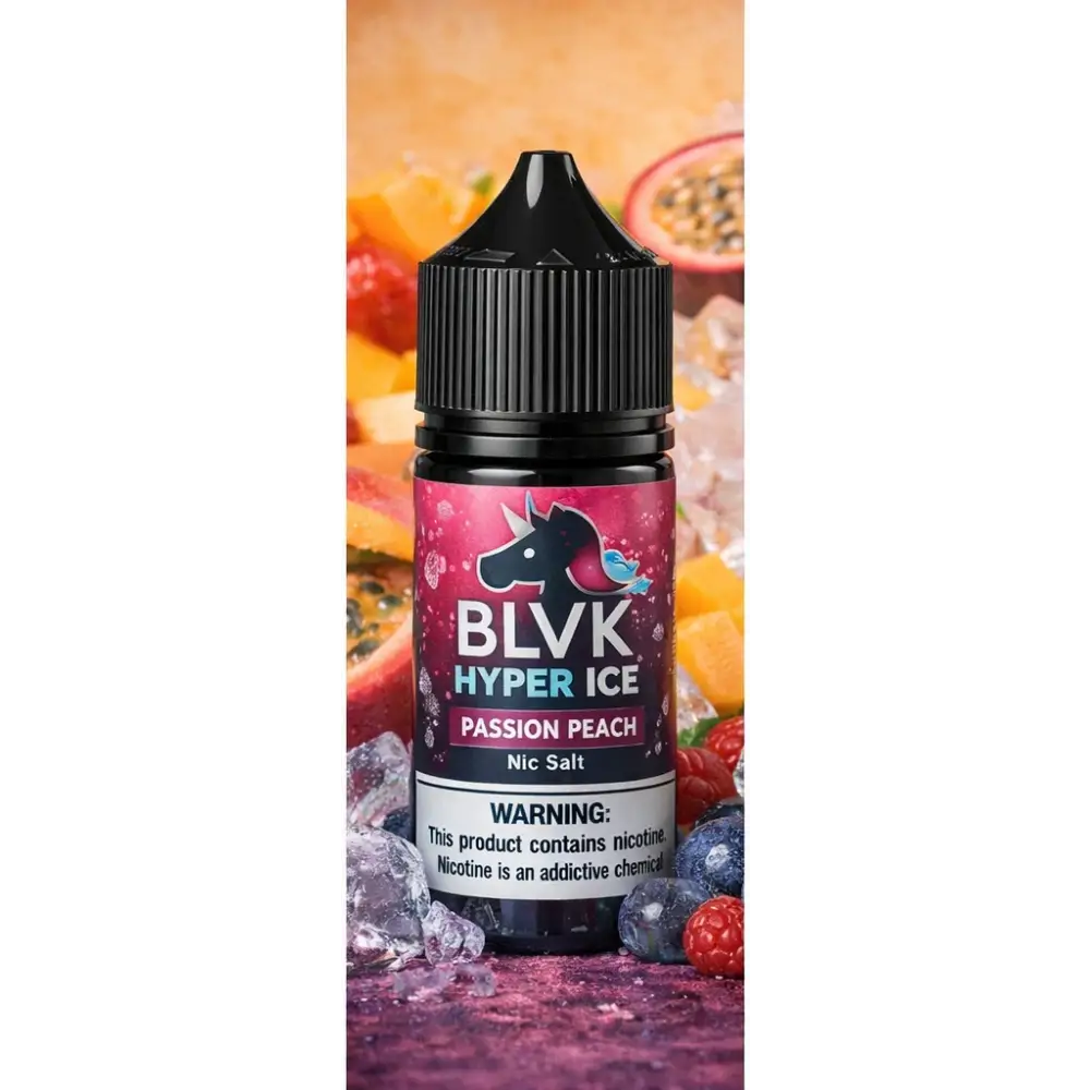 BLVK Hyper Ice Passion Peach Nic Salt 30ml vape juice bottle with passionfruit and peach ice flavor for pod kits at Vape Street