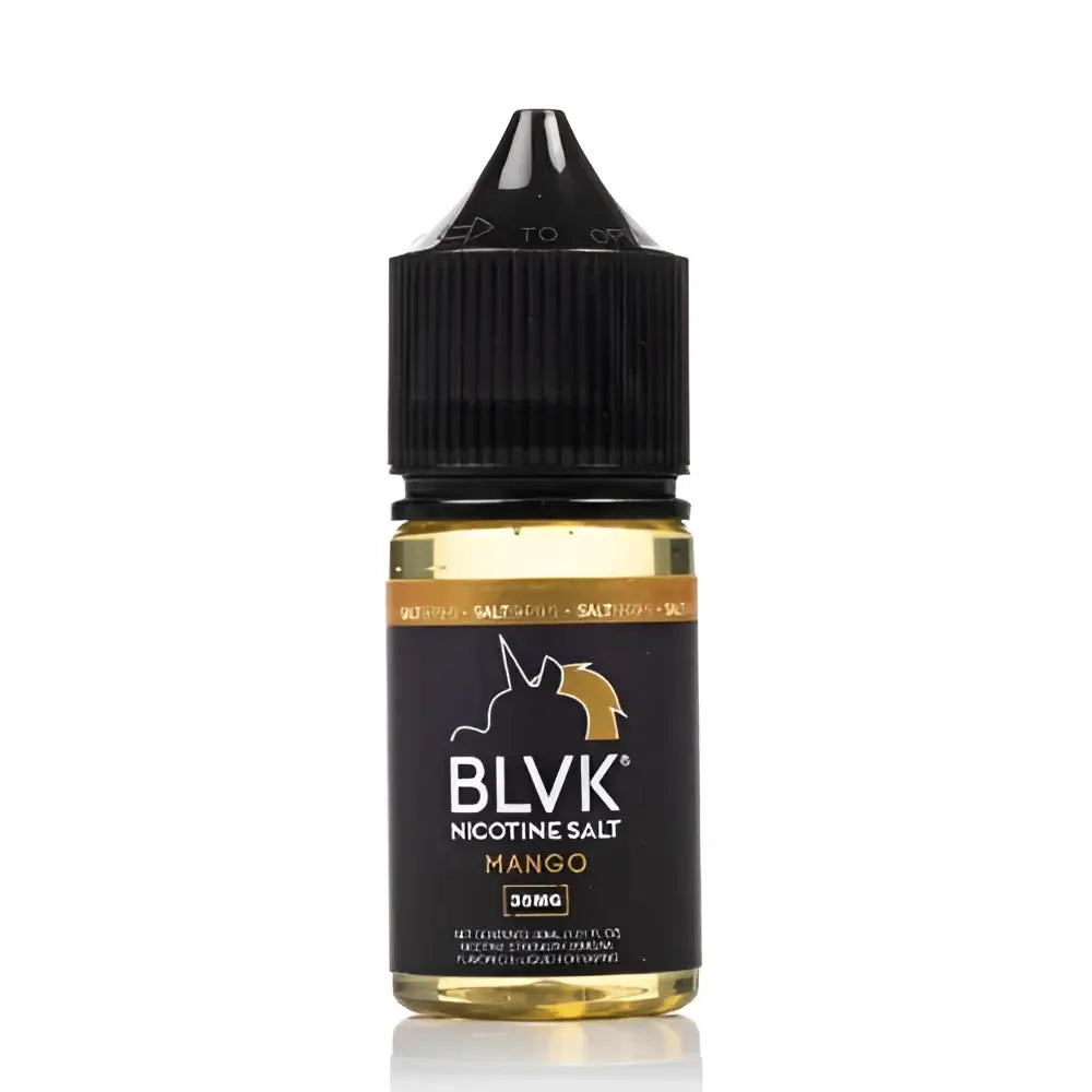 Black blvk unicorn nicotine salt e-liquid bottle with gold label and black cap containing mango-flavored liquid