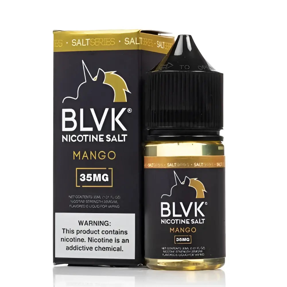 Black and gold blvk unicorn nicotine salt e-liquid bottle with mango flavor and 35mg mentholated nicotine salt strength