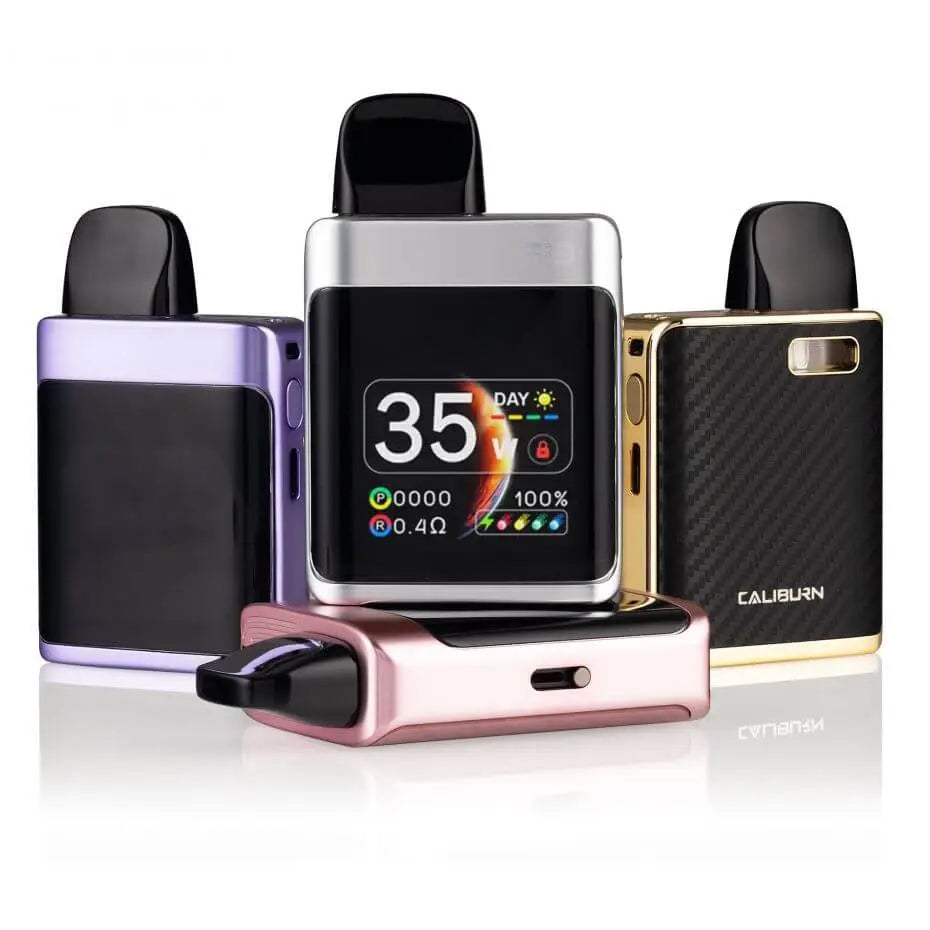 The caliburn g3 pro koko pod system kit features a sleek silver metallic rectangular vape device with black accents for adjustable 35w vaping