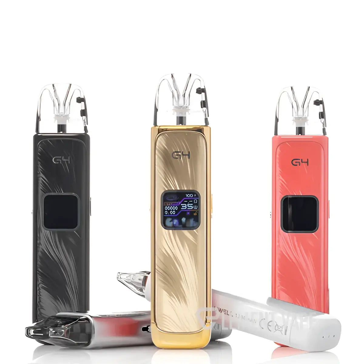 Three sleek Caliburn G4 vape pod kits by Uwell in black gold and coral with textured finish and digital display