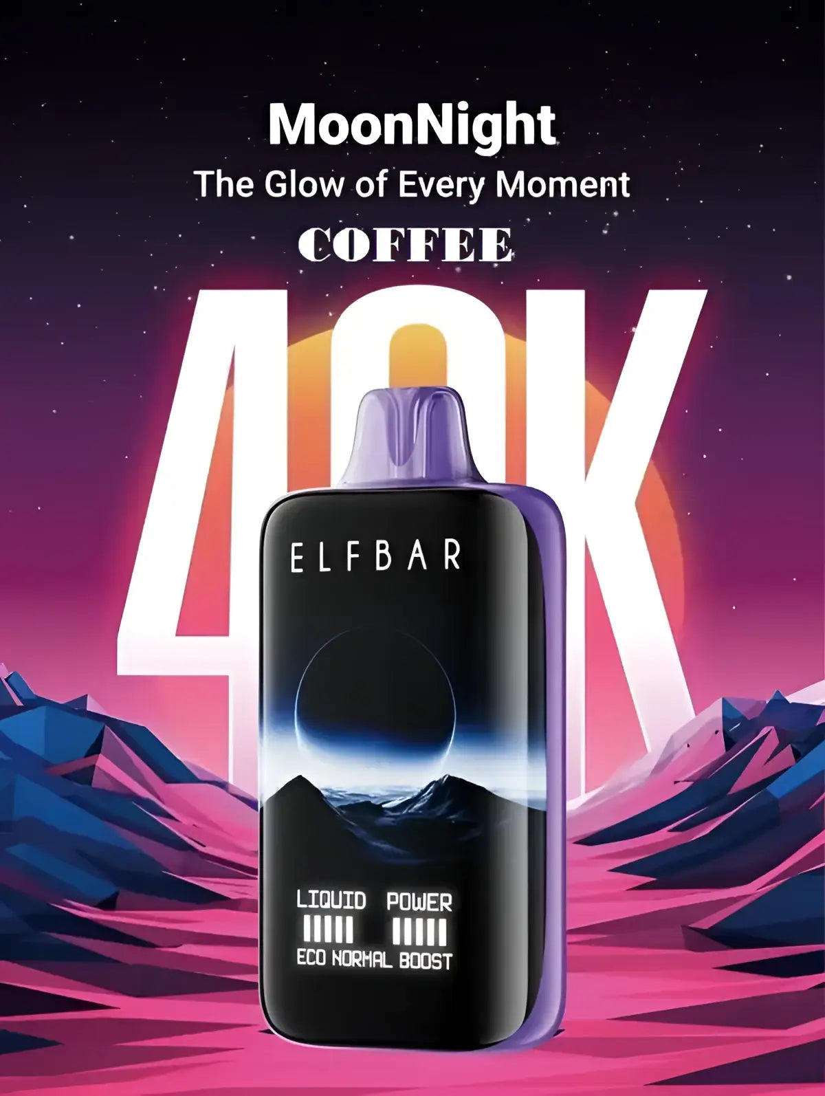 Black and purple elf bar moonnight 40000 puffs disposable vape with sleek rectangular design and glowing moon graphic