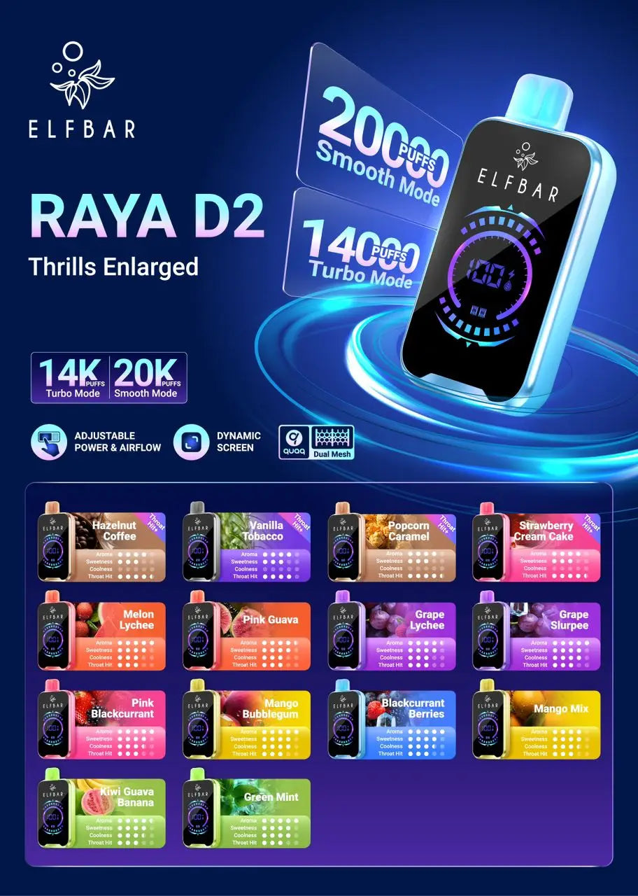 The elf bar raya d2 is a sleek black and blue rechargeable disposable vape with a digital screen for 20000 puffs
