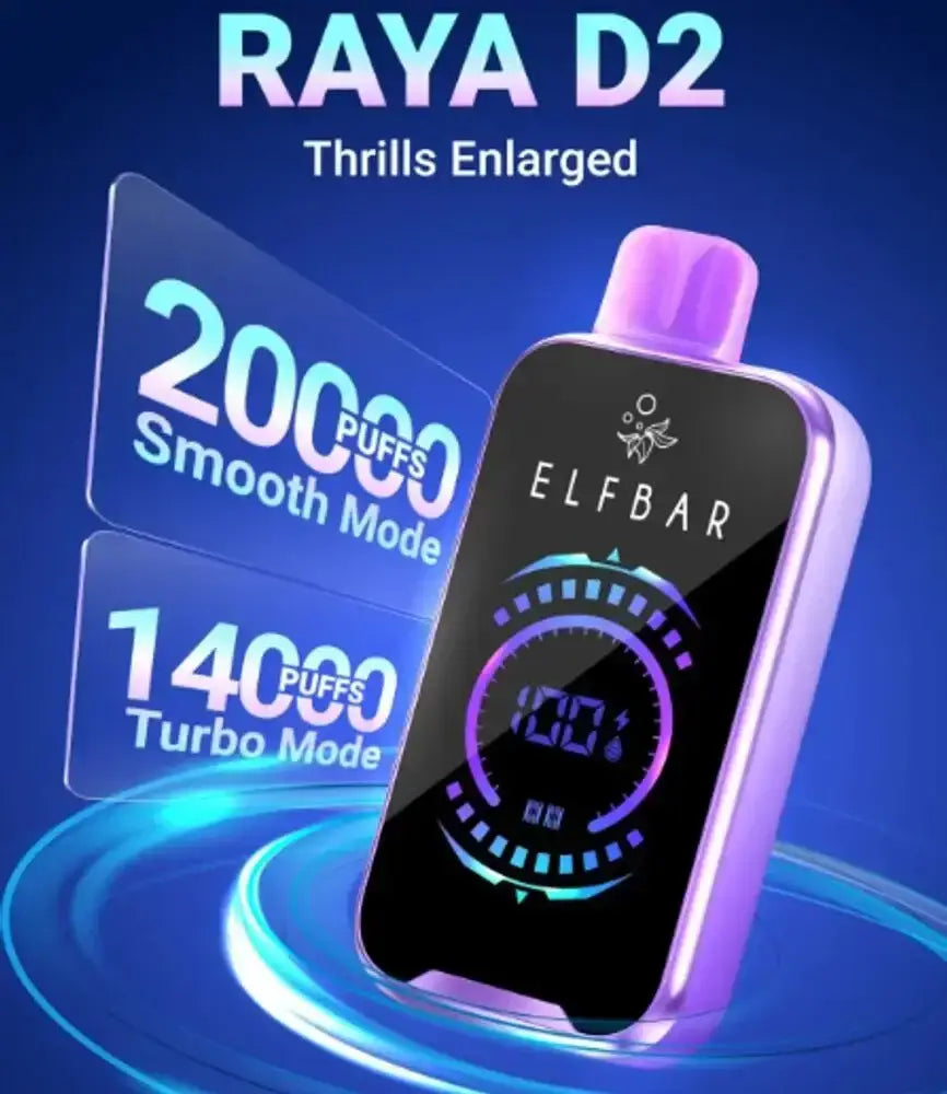 Purple and black elf bar raya d2 vape pen with sleek rectangular design and illuminated digital display for online purchase in India