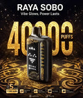 Black elf bar raya sobo disposable vape with gold accents and pixelated skull display for 40000 puffs use