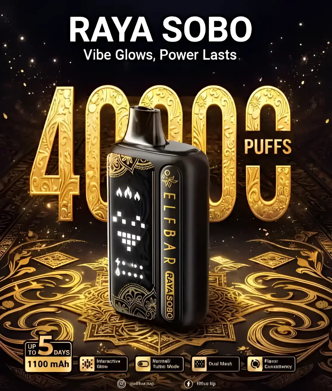Black elf bar raya sobo disposable vape with gold accents and pixelated skull display for 40000 puffs use