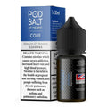 Black glass bottle of pod salt core guarana e-liquid with black ribbed cap and silver geometric patterned label 30ml 20mg