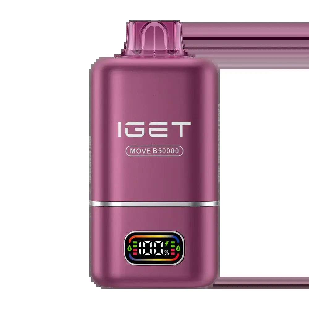 Purple metallic iget move b50000 disposable vape with colour-coded smart display showing 100 percent battery level