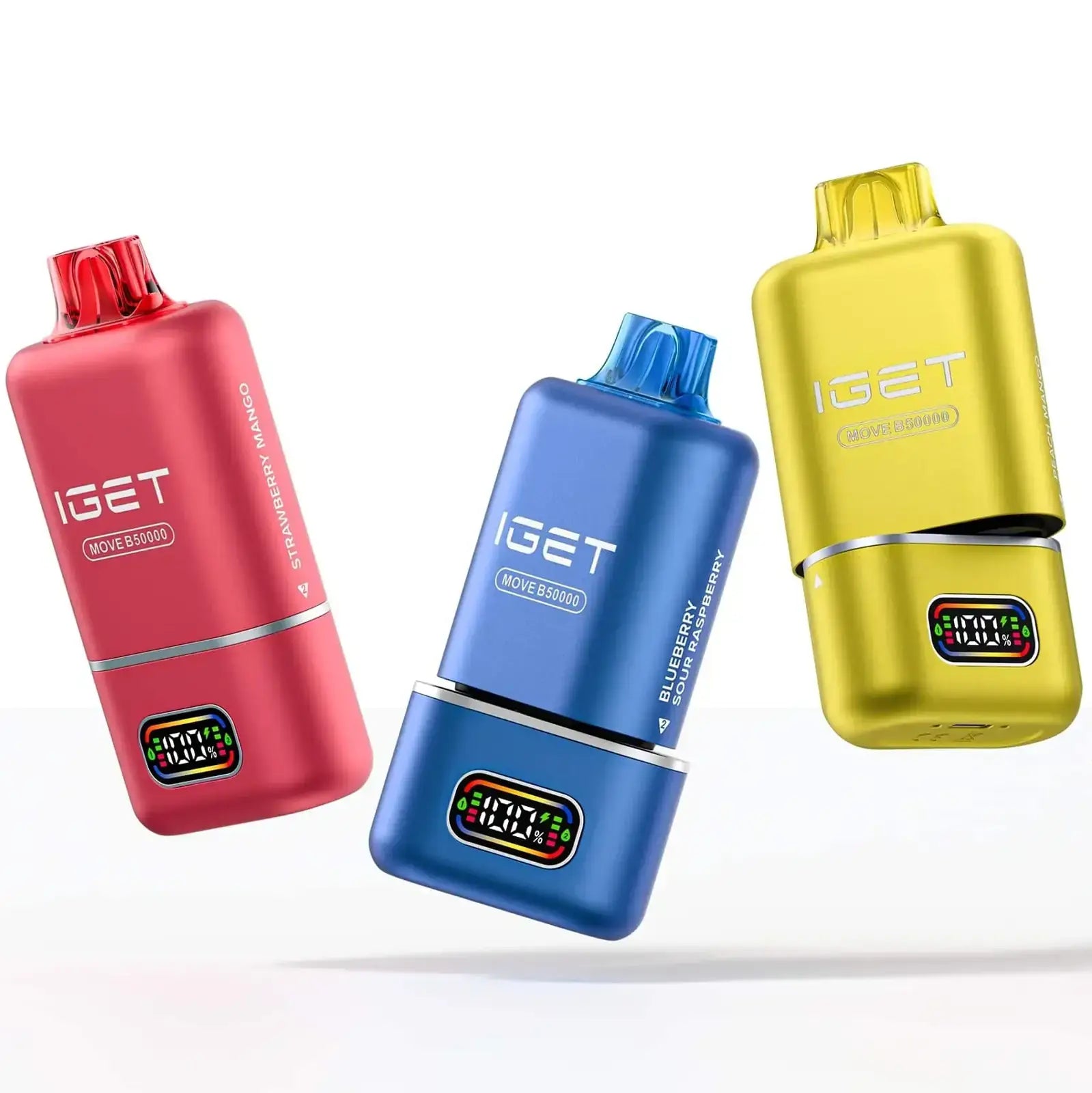 Three colorful iget move b50000 disposable vapes in red blue and yellow metallic finishes with colour-coded smart display