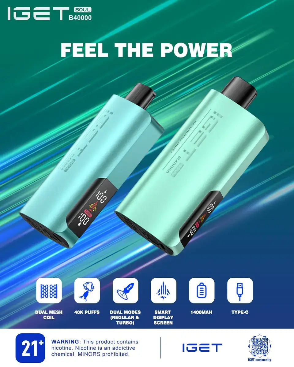 Light mint green iget soul b40000 disposable vape pen with sleek cylindrical design and black accents on mouthpiece and display