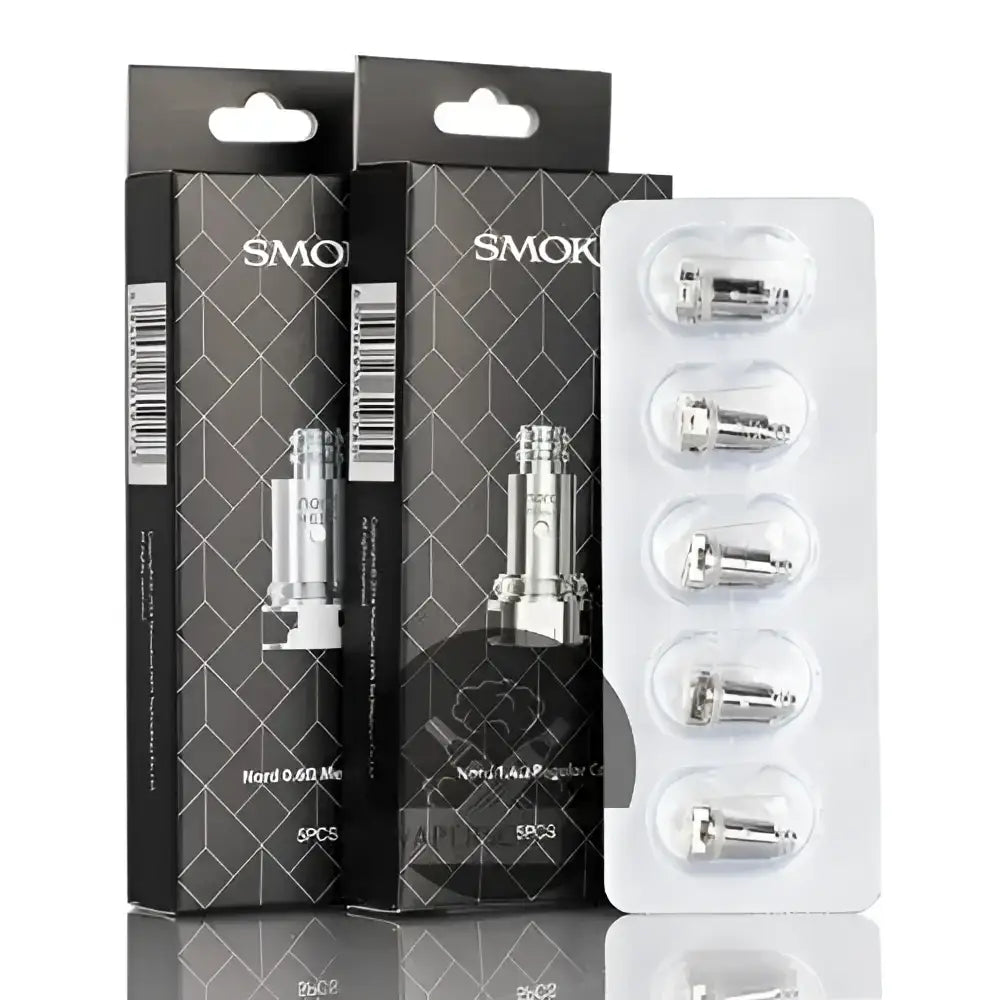 Silver smok nord rpm replacement mesh coils pack of 5 in black geometric packaging with clear blister pack for vaping