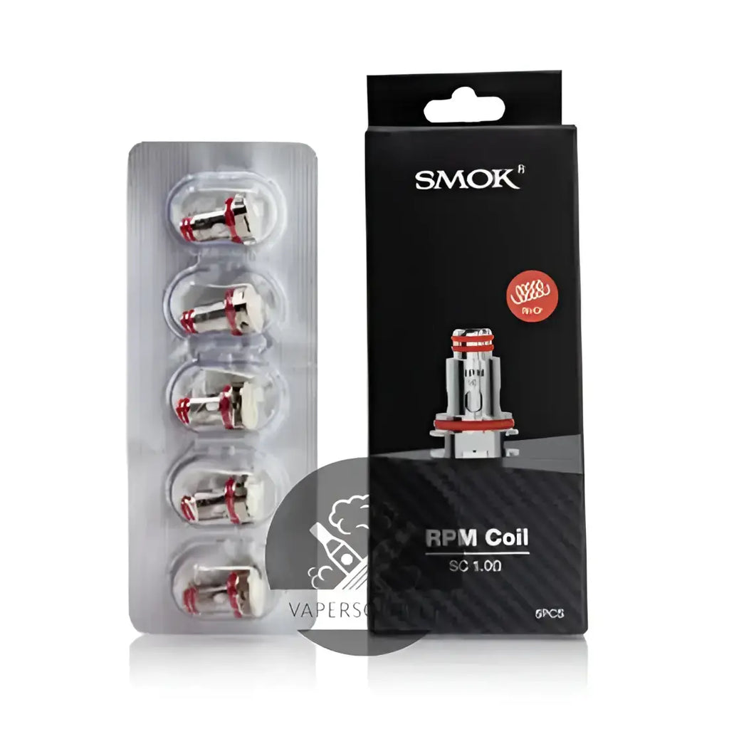 Smok rpm and nord replacement coils pack of 5 with silver and red mesh vape coils in black and red packaging