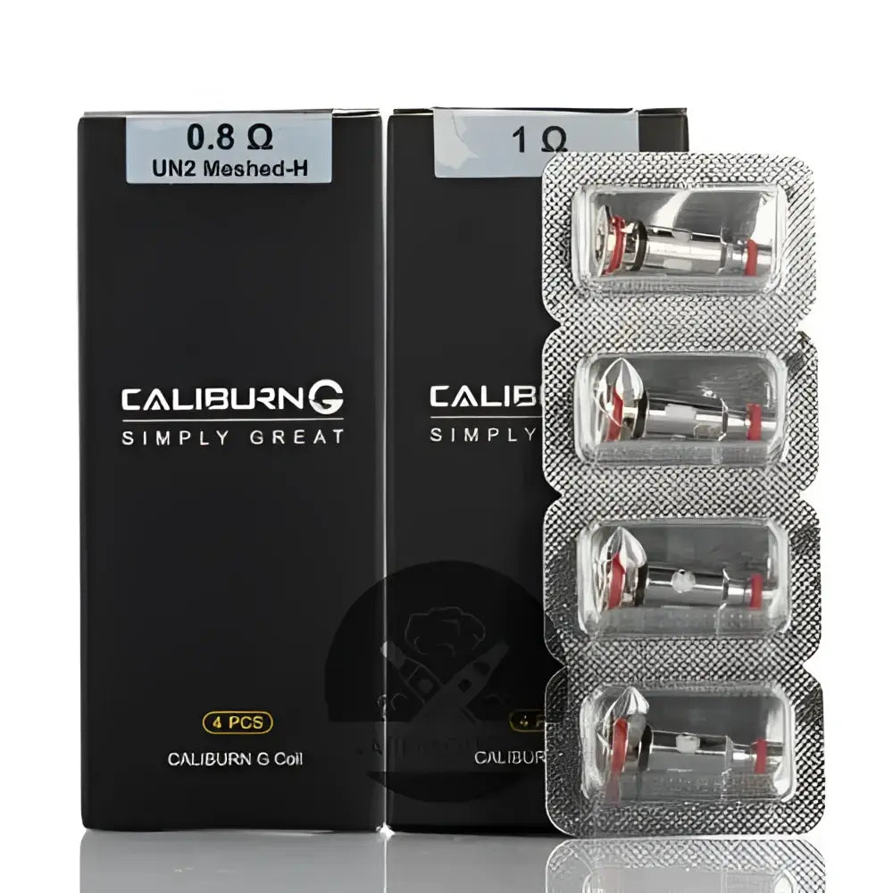 Black uwell caliburn g vape coils with silver metallic bodies and red accents in blister packs from vape street india