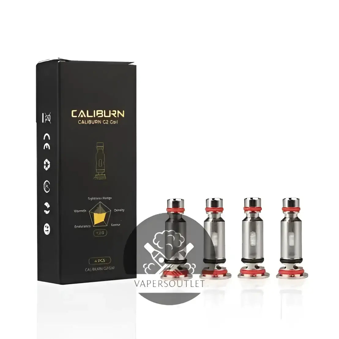 Black and silver uwell caliburn g2 replacement coils with red accents displayed with branded vape street packaging