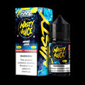 Black glass bottle with black cap and vibrant blue and yellow label of nasty juice super cool mango lassi 30ml nic salt