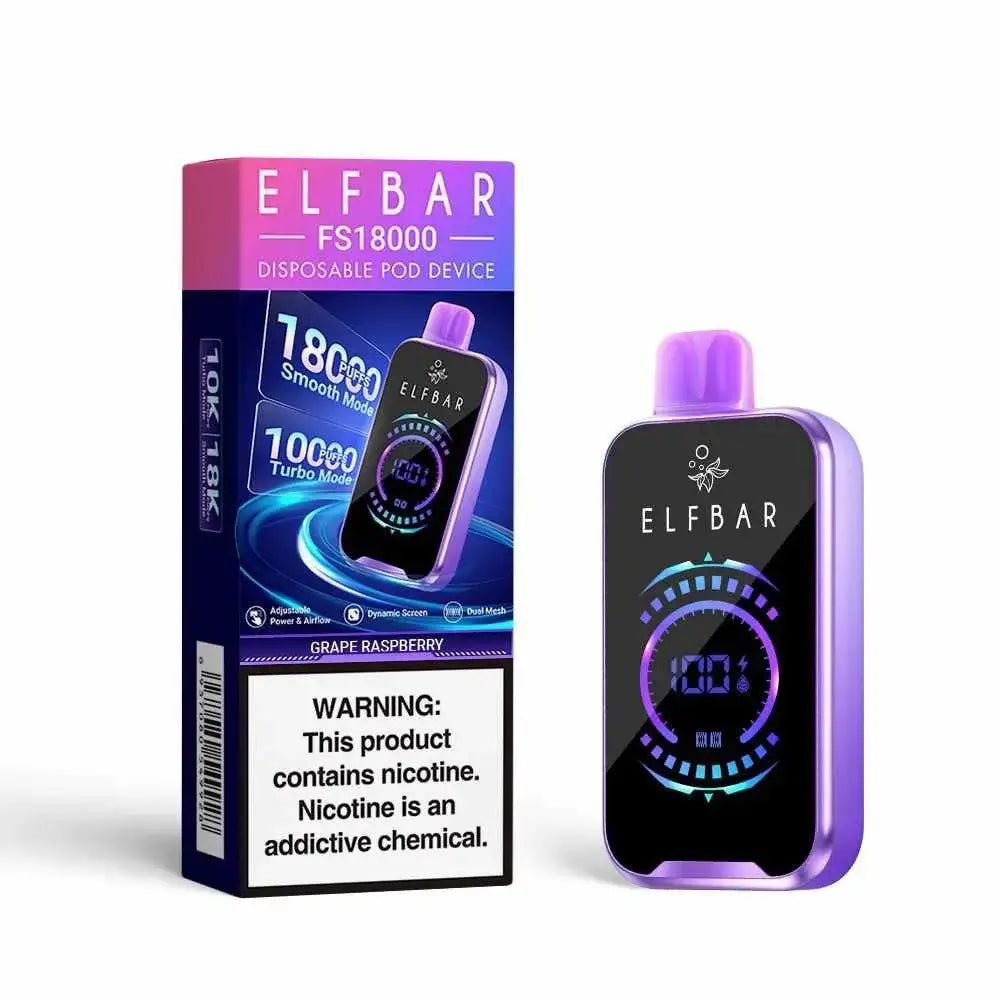 Purple elfbar fs 18000 puffs disposable vape with sleek rectangular design and black screen displaying 180%