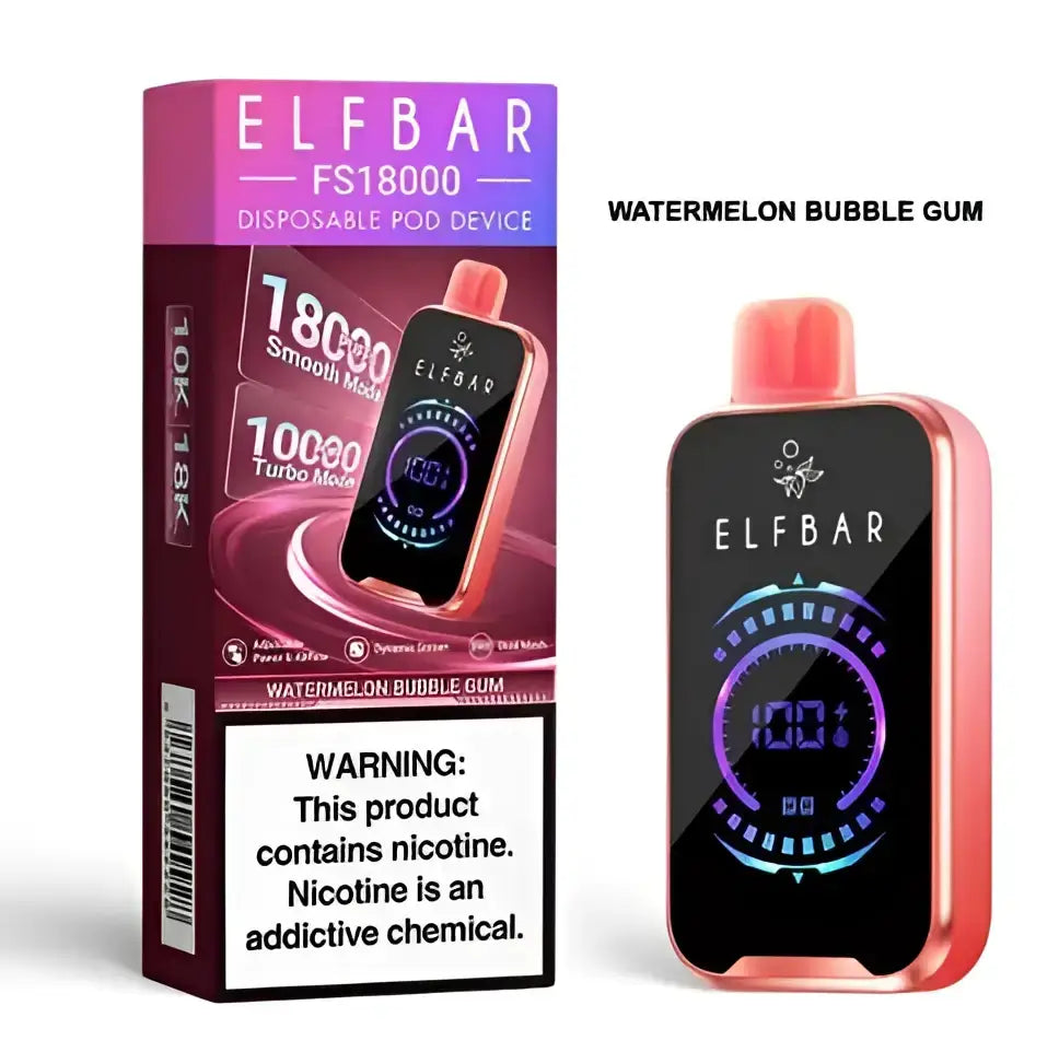 Rose gold elfbar fs18000 puffs disposable vape with rechargeable black screen showing 100 percent in neon lights