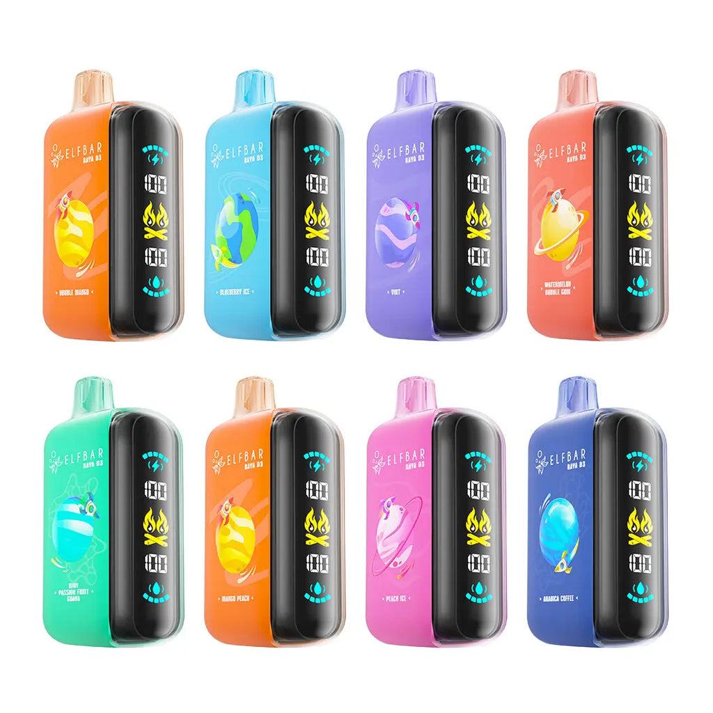 Colorful elfbar raya disposable vape devices with vibrant designs and digital displays for 25000 puffs disposable vape use