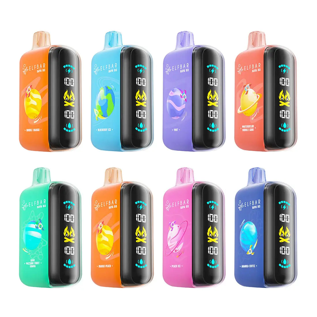 Colorful elfbar raya disposable vape devices with vibrant designs and digital displays for 25000 puffs disposable vape use