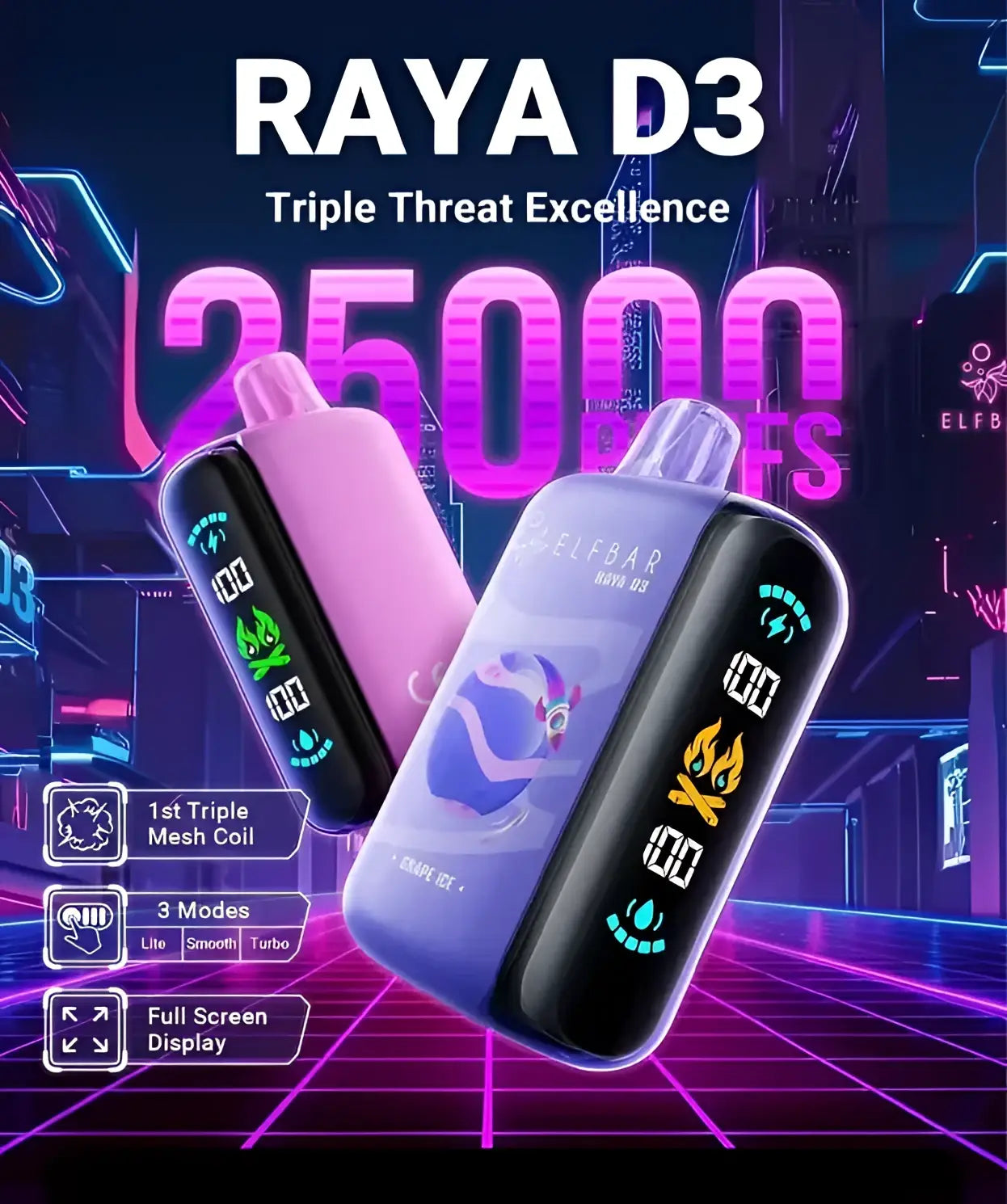 The elfbar raya d3 disposable vape features a sleek black and translucent pink body with an illuminated digital display