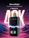 Black and purple elf bar moonnight 40000 puffs disposable vape with sleek rectangular design and glowing moon graphic
