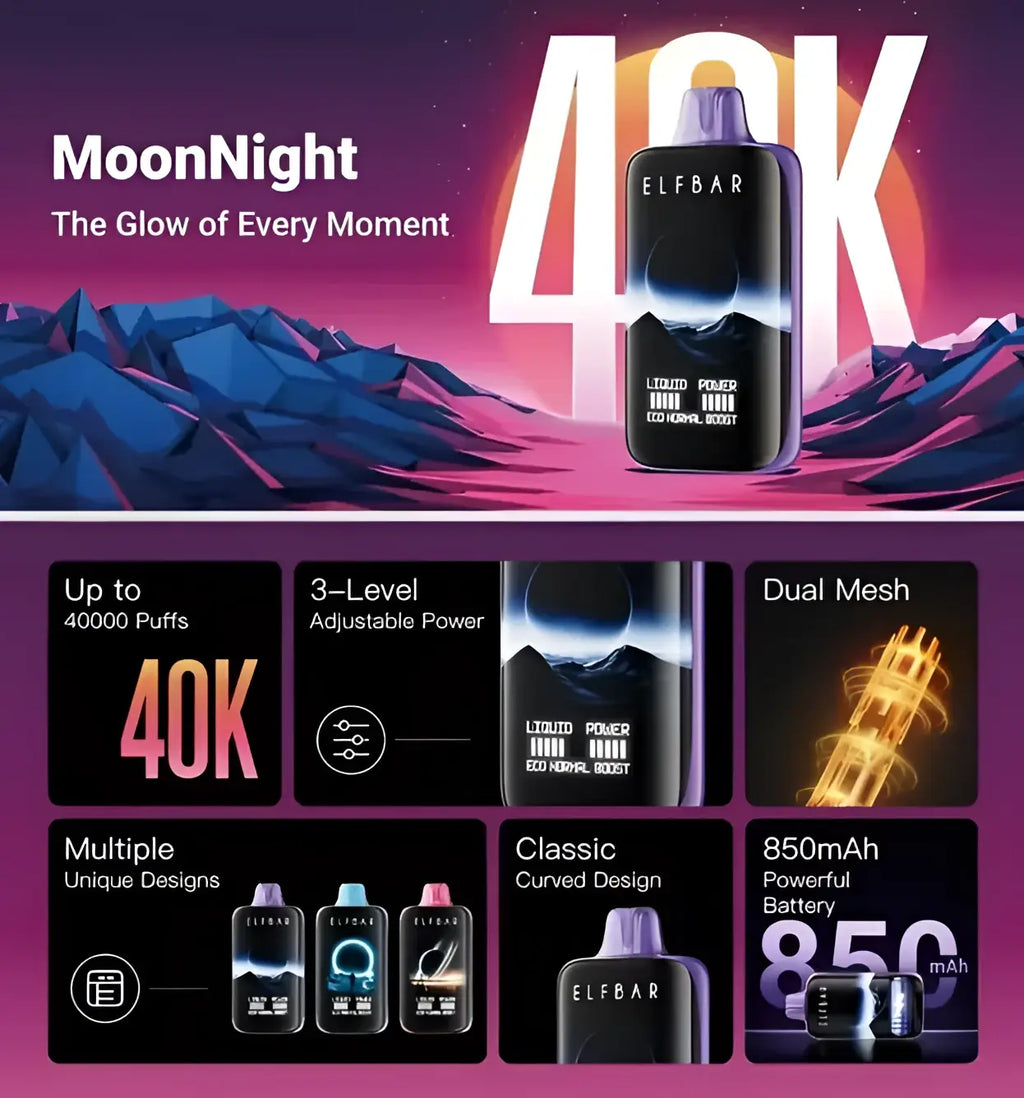 Elf bar moonnight disposable vape pen with purple cap and glowing blue light effect on black curved body