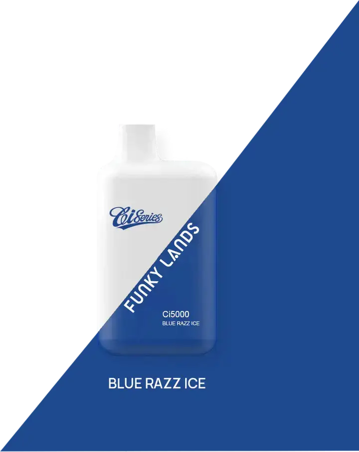 White and blue cilseries ci5000 funky lands puffs rechargeable disposable vape with diagonal color split design