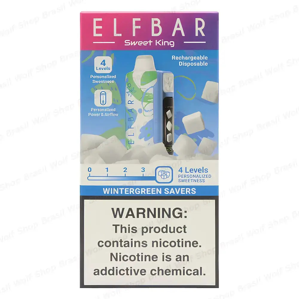 Elfbar sweet king rechargeable disposable vape pen in black and white with three diamond-shaped buttons for high puffs
