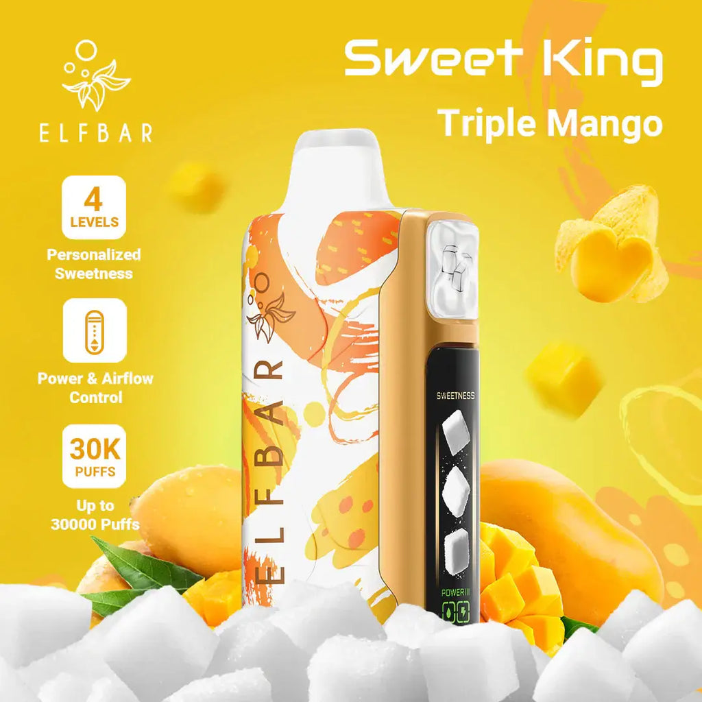 Elfbar sweet king triple mango vape pen with mango-themed orange and white design for rechargeable high puff use