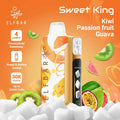 Elfbar sweet king 30000 puffs disposable vape pen in gold and white with vibrant fruit illustrations for high puff use