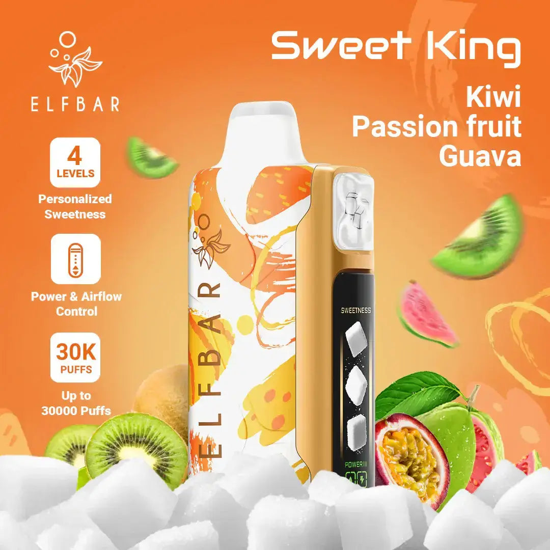 Elfbar sweet king 30000 puffs disposable vape pen in gold and white with vibrant fruit illustrations for high puff use
