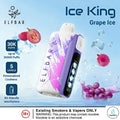 Purple and white elf bar ice king disposable vape pen with icy graphics for long lasting vaping sessions