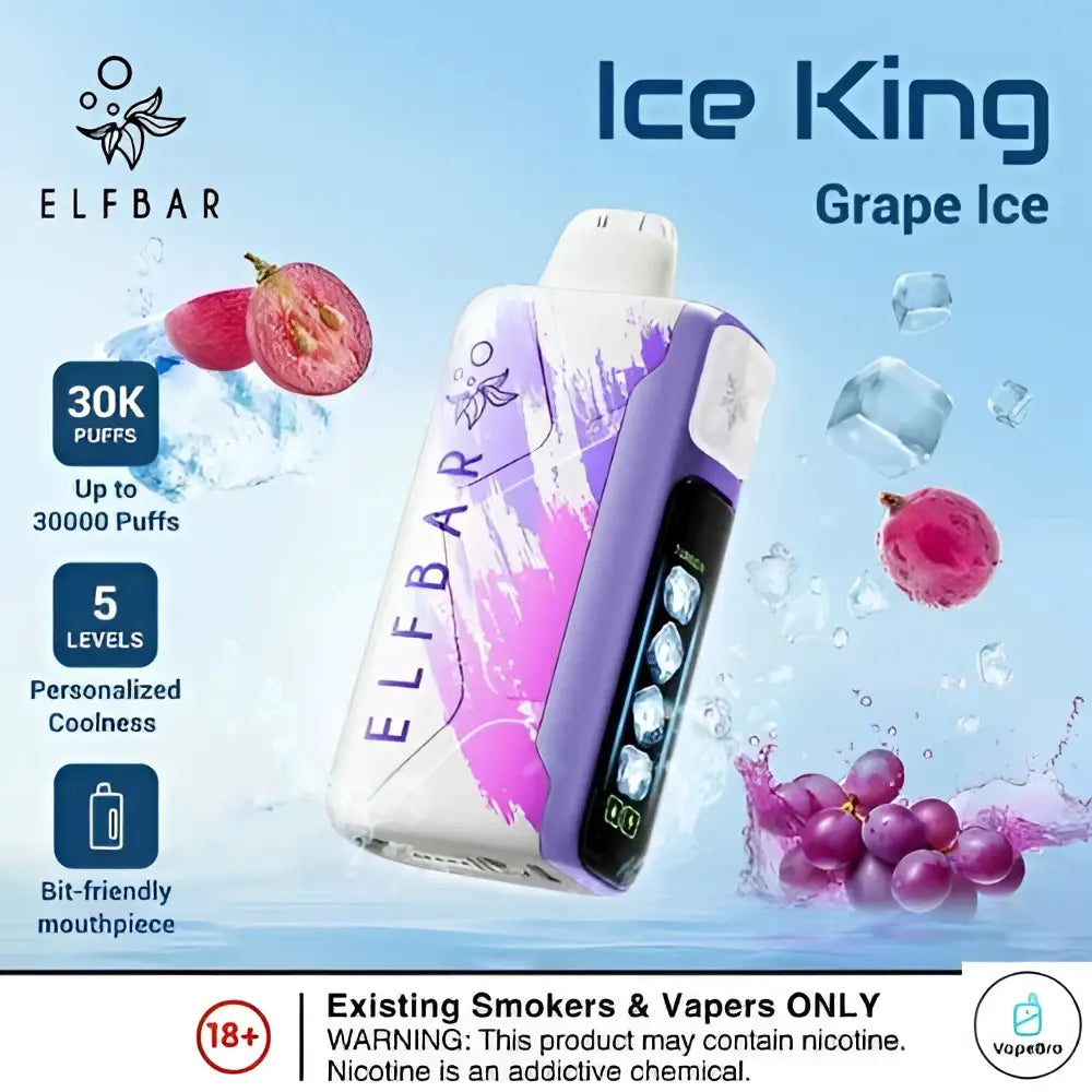 Purple and white elf bar ice king disposable vape pen with icy graphics for long lasting vaping sessions